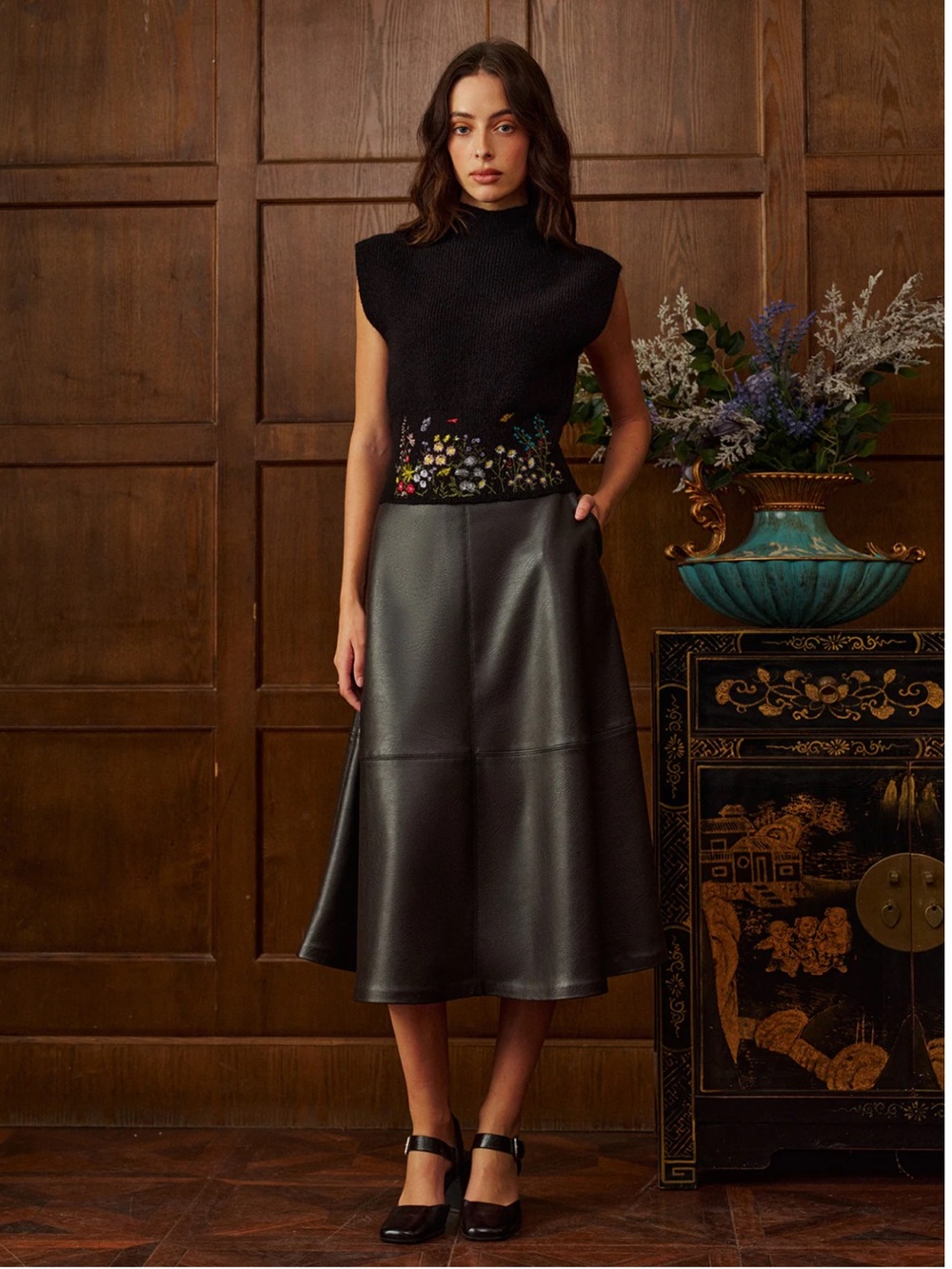 Commense Black Sleeveless Cowl-Neck Knit Top with Multicolor Embroidery